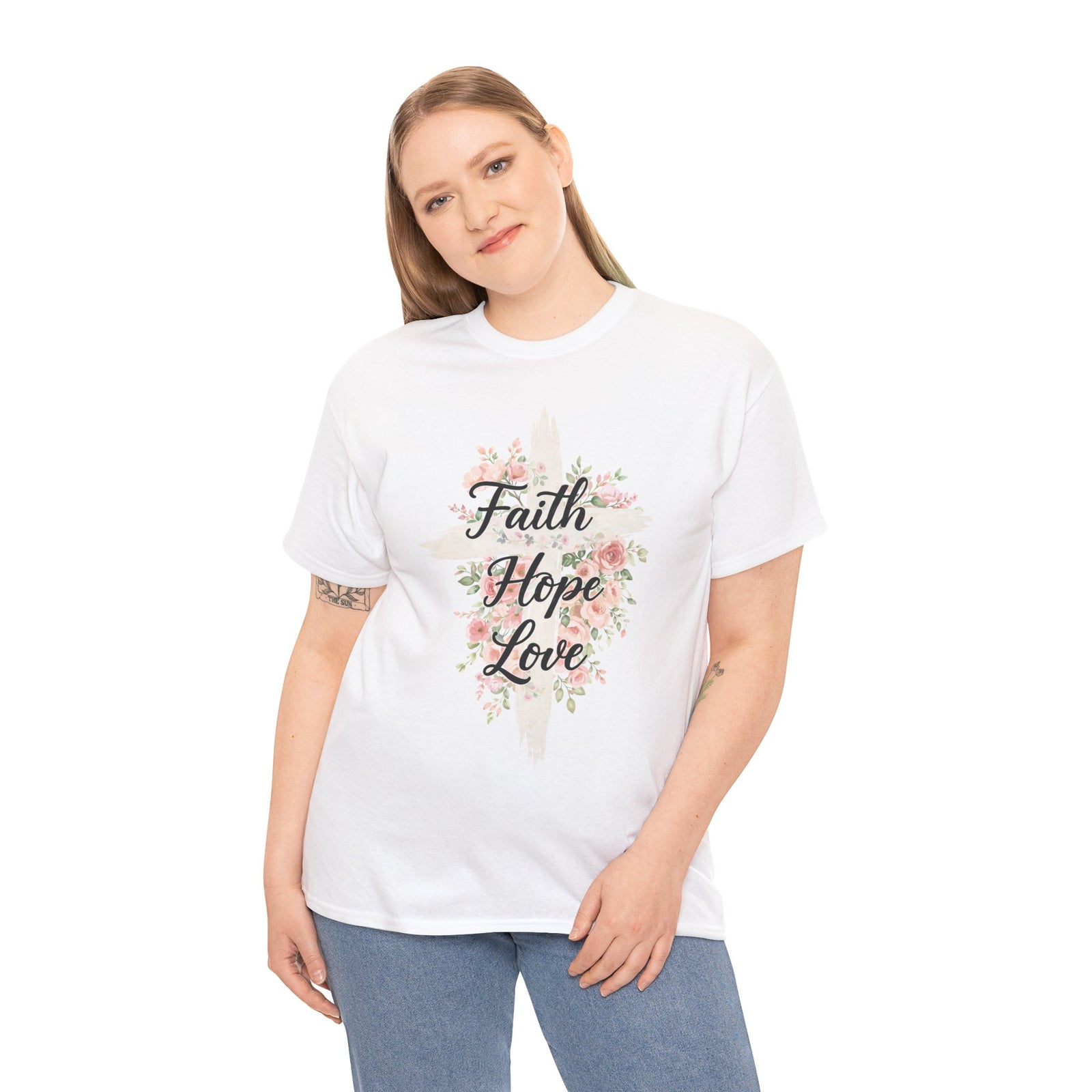 Faith Hope Love T-Shirt — Floral Cross Christian Tee for Women