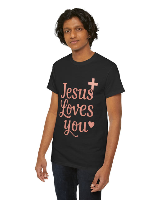 Load image into Gallery viewer, Jesus Loves You T-Shirt – Pink Script Faith Tee with Cross
