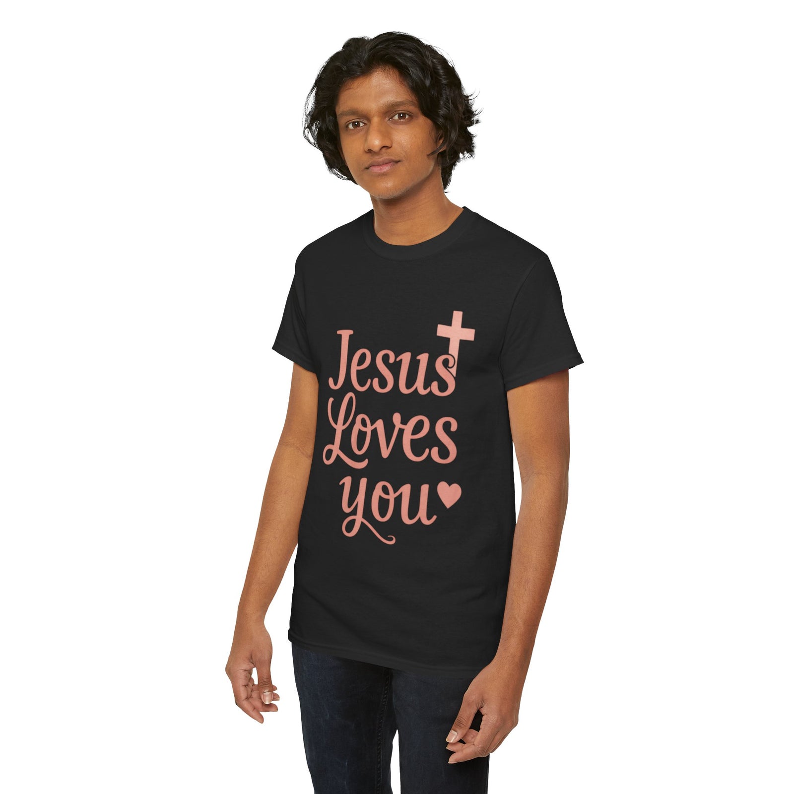 Jesus Loves You T-Shirt – Pink Script Faith Tee with Cross