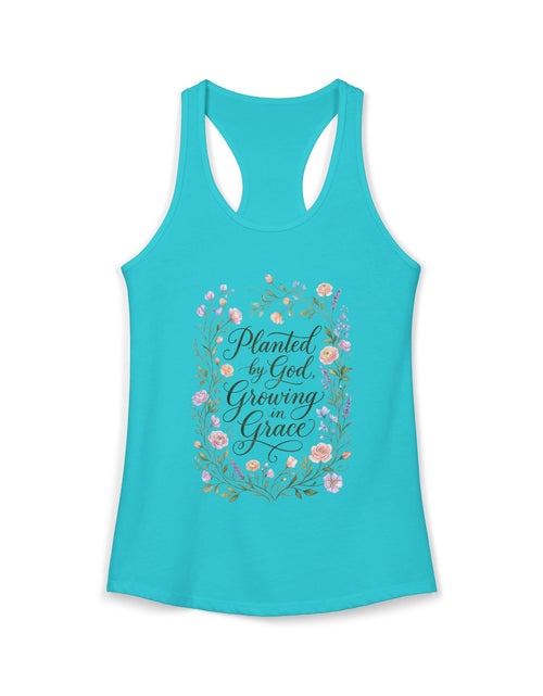 Load image into Gallery viewer, Planted by God Growing in Grace Racerback Tank – Christian Floral Tank Top for Women – Faith Based Summer Church Shirt – Inspirational Christian Gift
