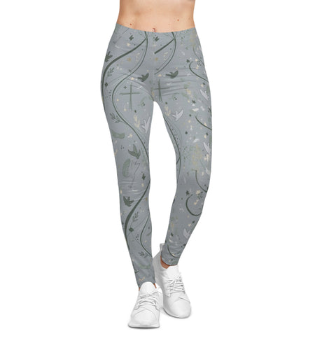 Faith Dove Floral Print Leggings — Soft Gray All-Over Patterned Women's & Girls Leggings