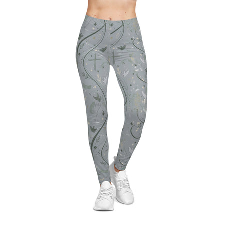Faith Dove Floral Print Leggings — Soft Gray All-Over Patterned Women's & Girls Leggings