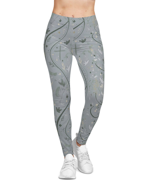 Load image into Gallery viewer, Faith Dove Floral Print Leggings — Soft Gray All-Over Patterned Women's &amp; Girls Leggings
