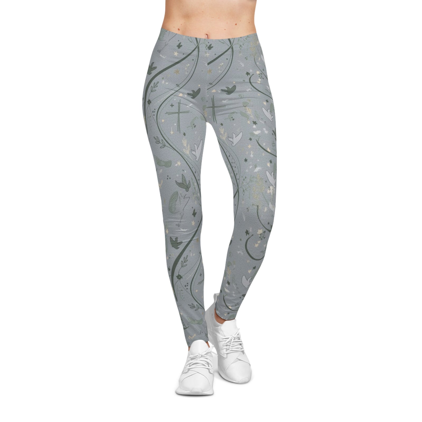 Faith Dove Floral Print Leggings — Soft Gray All-Over Patterned Women's & Girls Leggings