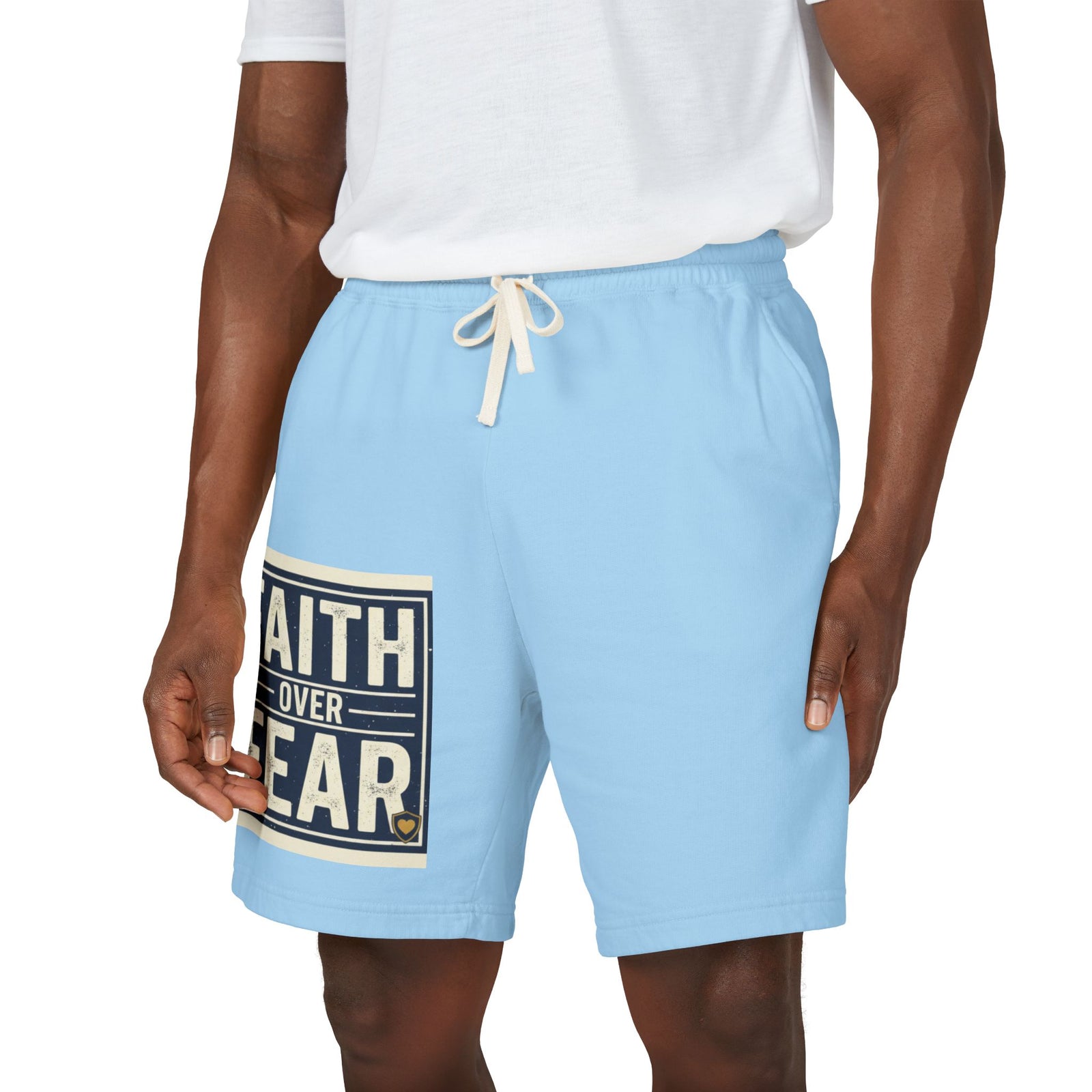 Men’s Faith Over Fear Fleece Shorts – Christian Graphic Lounge Shorts, Casual Spring Summer Athleisure