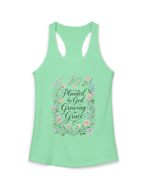 Load image into Gallery viewer, Planted by God Growing in Grace Racerback Tank – Christian Floral Tank Top for Women – Faith Based Summer Church Shirt – Inspirational Christian Gift
