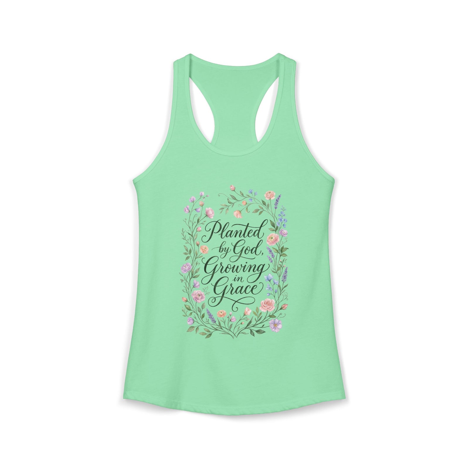 Planted by God Growing in Grace Racerback Tank – Christian Floral Tank Top for Women – Faith Based Summer Church Shirt – Inspirational Christian Gift