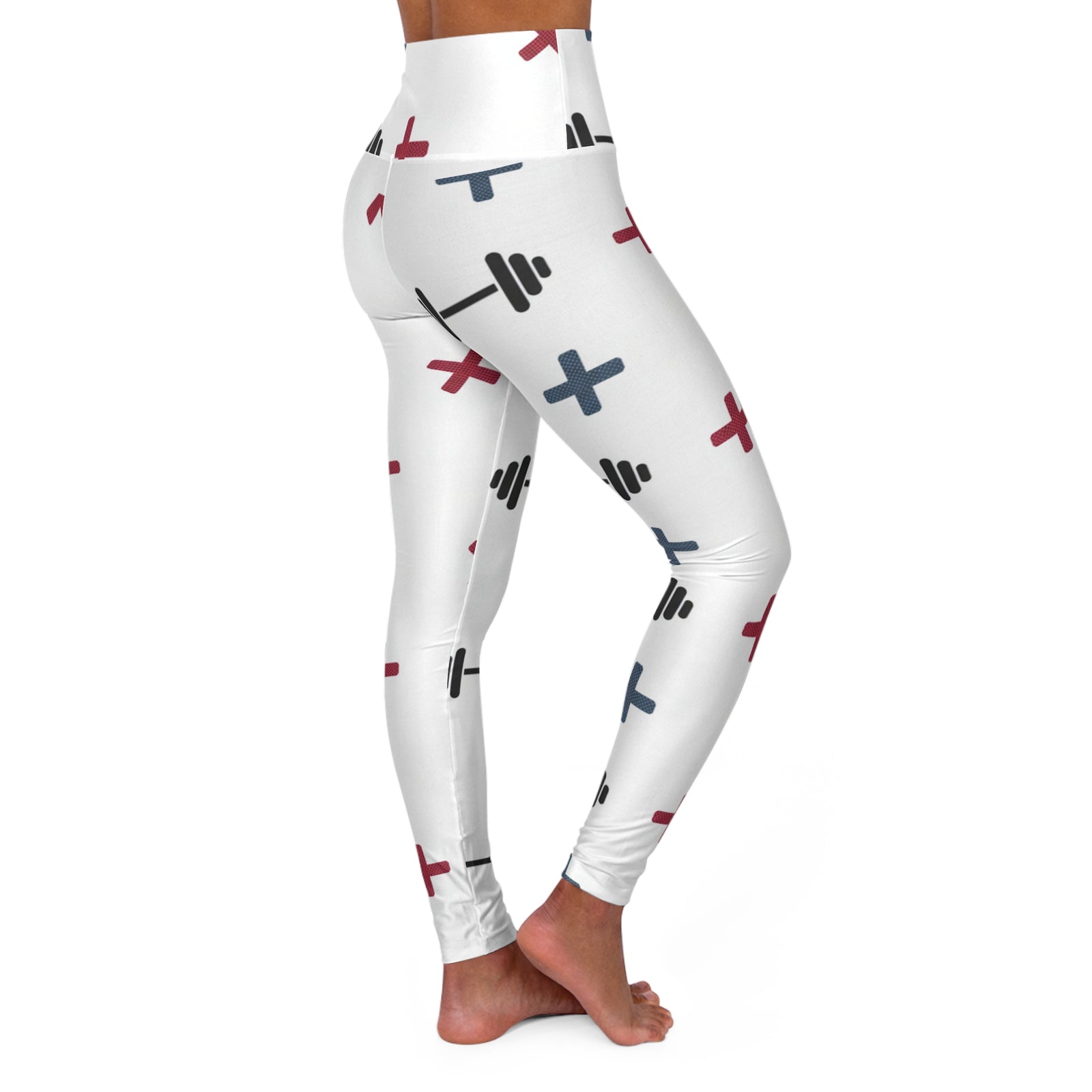 Fitness Barbell Print High-Waist Yoga Leggings — White Cross Pattern