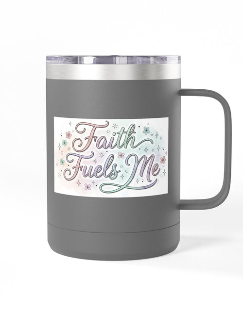 Load image into Gallery viewer, 15oz Insulated Coffee Tumbler Mug — "Faith Fuels Me" Pastel Star Design
