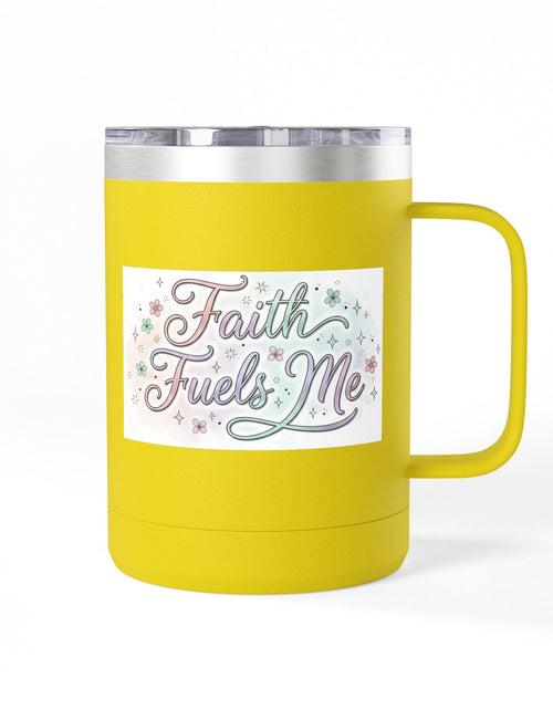 Load image into Gallery viewer, 15oz Insulated Coffee Tumbler Mug — "Faith Fuels Me" Pastel Star Design

