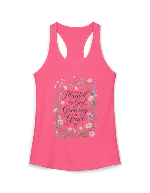 Load image into Gallery viewer, Planted by God Growing in Grace Racerback Tank – Christian Floral Tank Top for Women – Faith Based Summer Church Shirt – Inspirational Christian Gift
