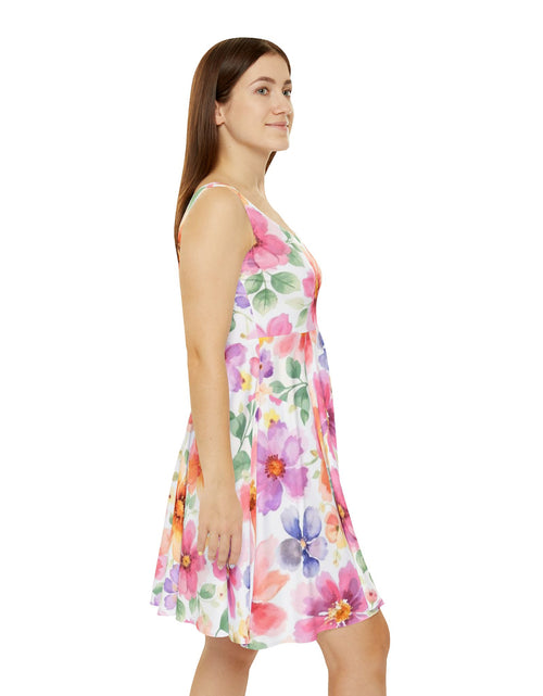Load image into Gallery viewer, Floral Watercolor Skater Dress, Women’s Spring Summer Sundress, Pastel Flower Dress, Garden Party Outfit, Casual Boho Dress, Easter Dress Women
