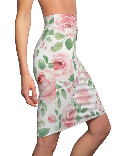 Load image into Gallery viewer, Pink Rose Floral Pencil Skirt for Women | Romantic Garden Skirt | Soft Watercolor Spring Outfit | Feminine Mid-Waist Skirt
