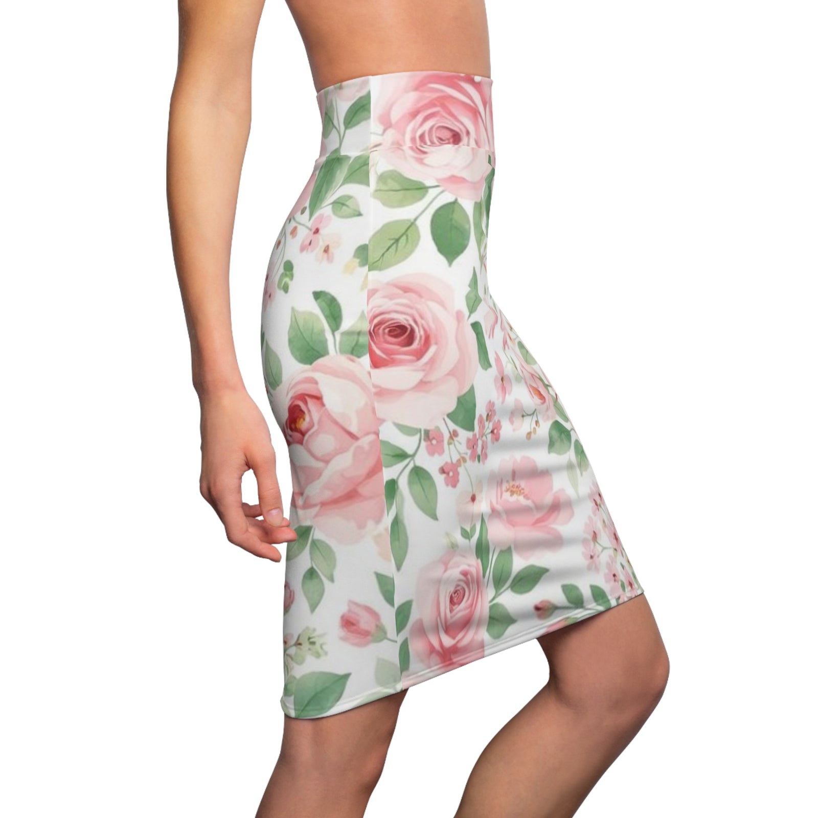 Pink Rose Floral Pencil Skirt for Women | Romantic Garden Skirt | Soft Watercolor Spring Outfit | Feminine Mid-Waist Skirt