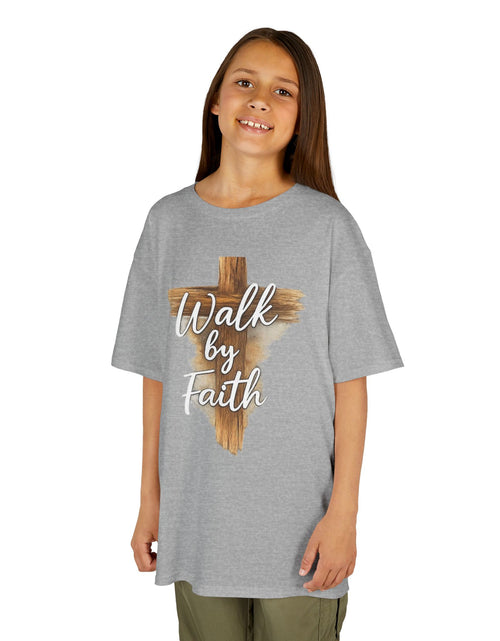 Load image into Gallery viewer, Kids Tee — 'Walk by Faith' Wooden Cross Christian Shirt
