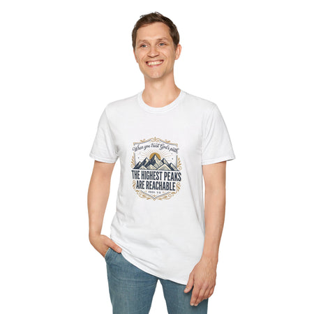 Men’s Inspirational Mountain T-Shirt – The Highest Peaks Are Reachable, Outdoor Adventure Faith Tee