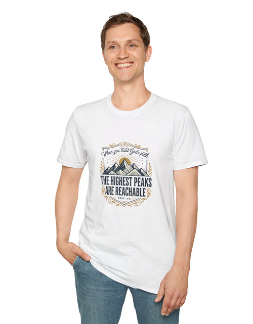 Load image into Gallery viewer, Men’s Inspirational Mountain T-Shirt – The Highest Peaks Are Reachable, Outdoor Adventure Faith Tee
