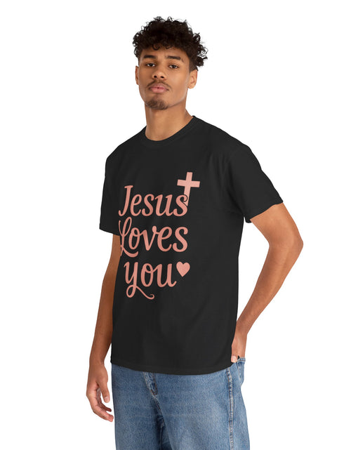 Load image into Gallery viewer, Jesus Loves You T-Shirt – Pink Script Faith Tee with Cross
