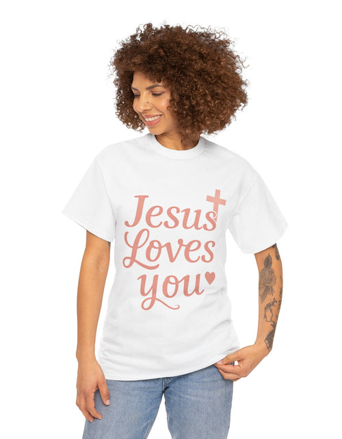 Load image into Gallery viewer, Jesus Loves You T-Shirt – Pink Script Faith Tee with Cross
