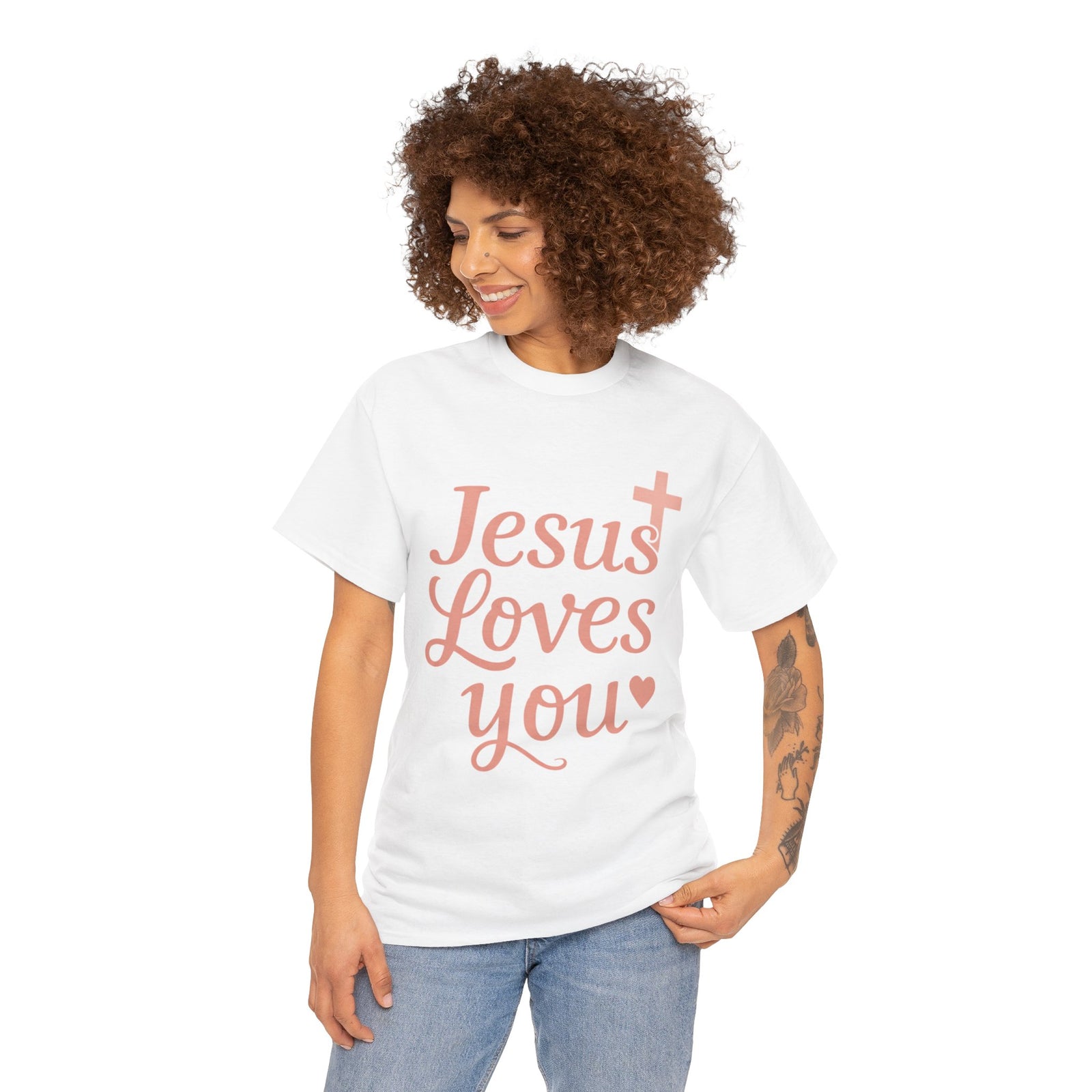Jesus Loves You T-Shirt – Pink Script Faith Tee with Cross