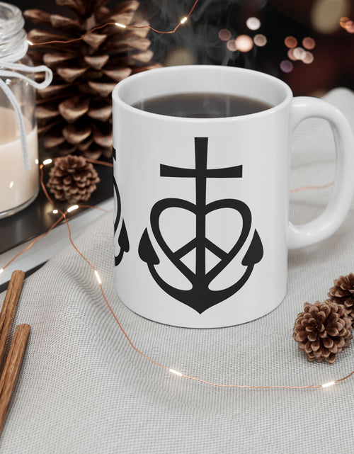 Load image into Gallery viewer, Faith, Love &amp; Peace Ceramic Mug — Uplifting Christian Coffee Lover Cup 11  oz &amp; 15 oz

