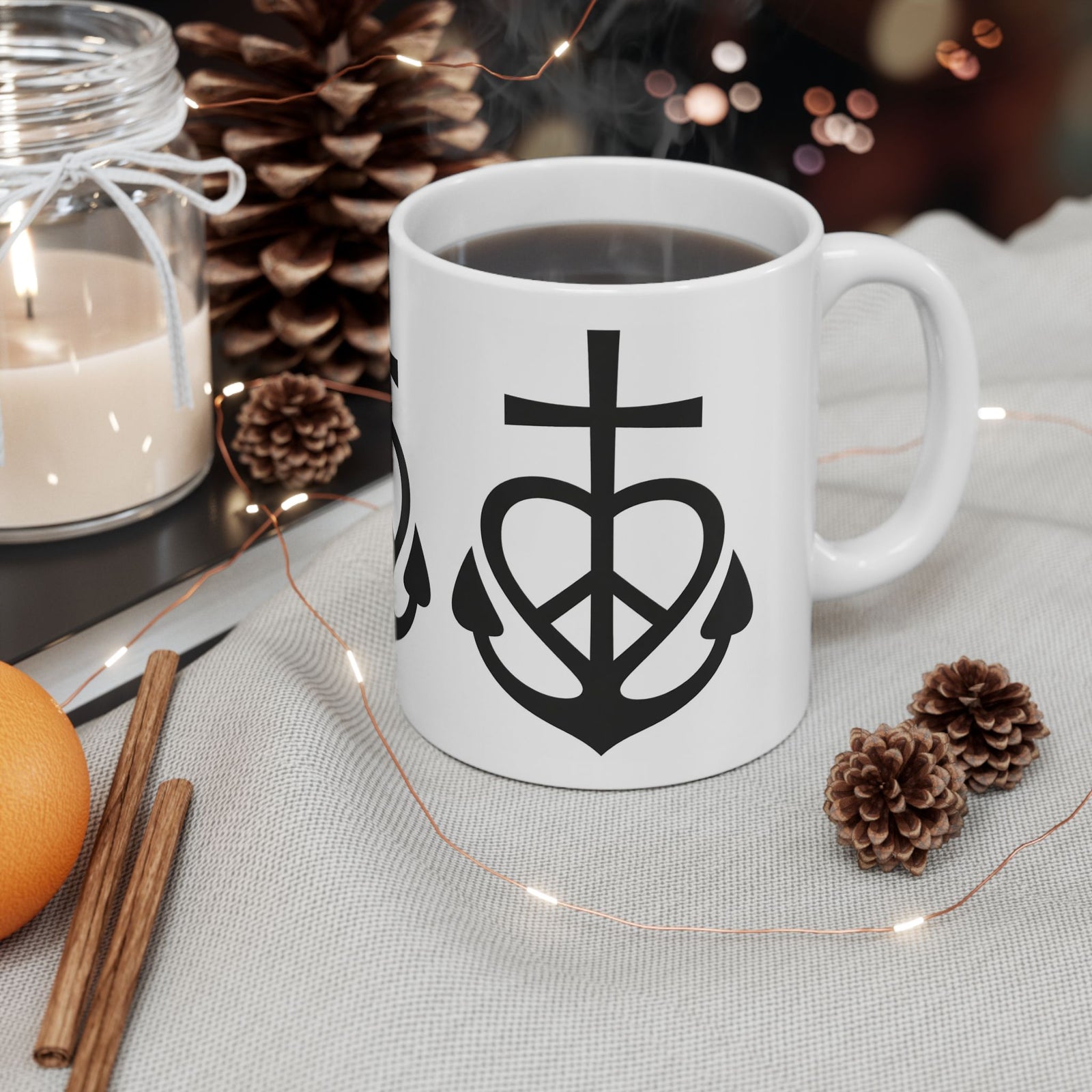 Faith, Love & Peace Ceramic Mug — Uplifting Christian Coffee Lover Cup 11  oz & 15 oz