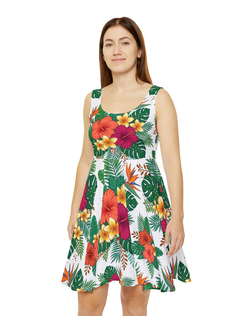 Load image into Gallery viewer, Tropical Floral Skater Dress, Women’s Summer Vacation Sundress, Hawaiian Beach Dress, Island Resort Outfit, Hawaii Style, Bright Hibiscus Floral Dress
