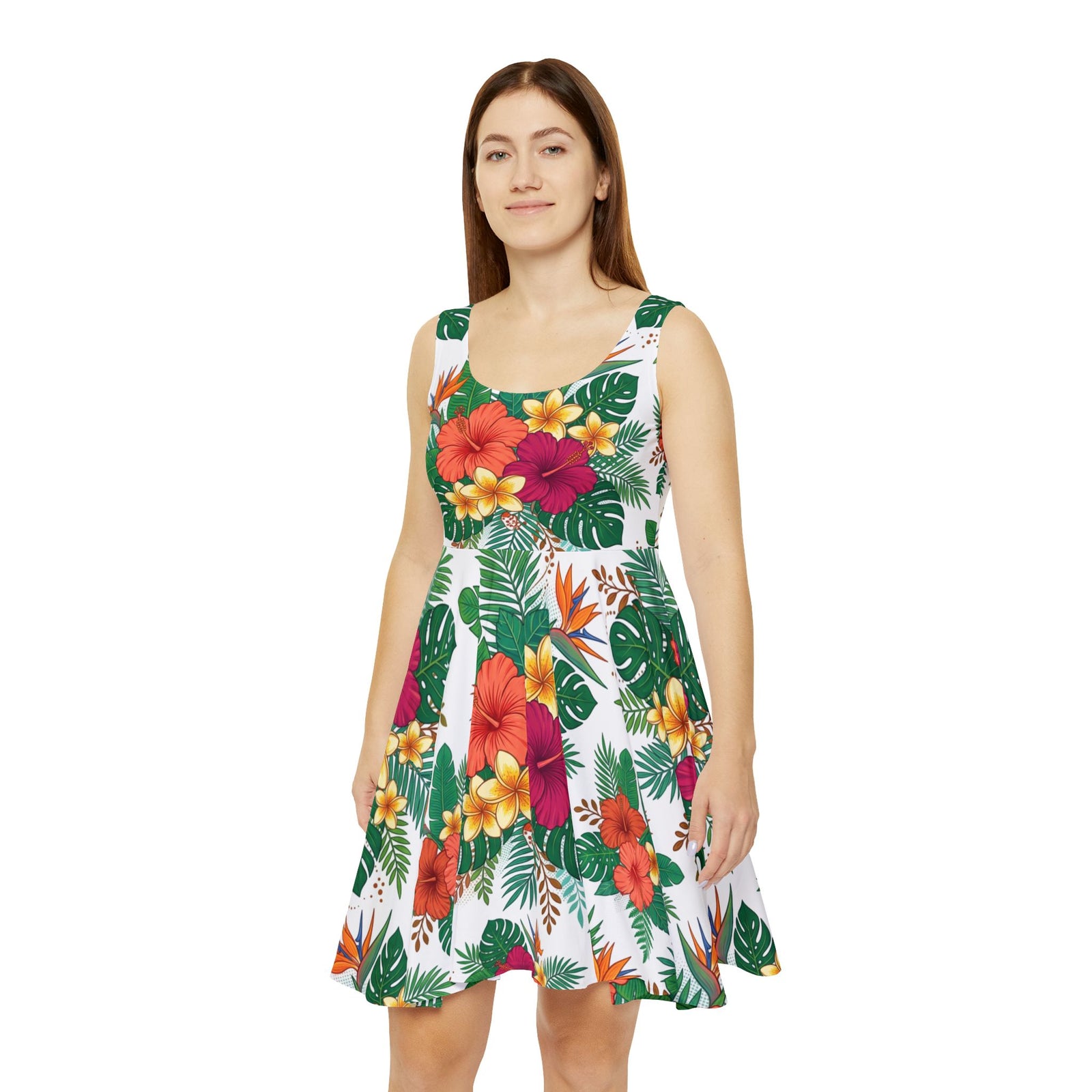 Tropical Floral Skater Dress, Women’s Summer Vacation Sundress, Hawaiian Beach Dress, Island Resort Outfit, Hawaii Style, Bright Hibiscus Floral Dress