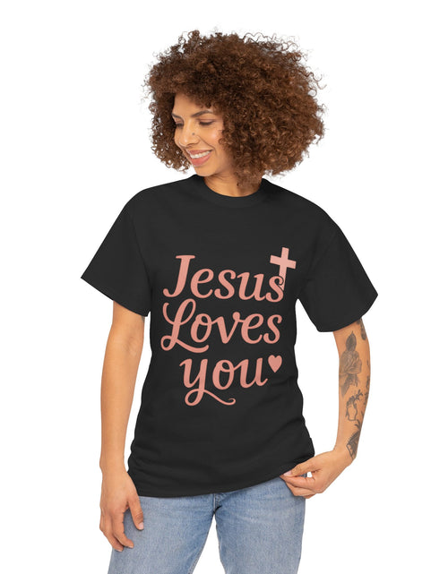 Load image into Gallery viewer, Jesus Loves You T-Shirt – Pink Script Faith Tee with Cross
