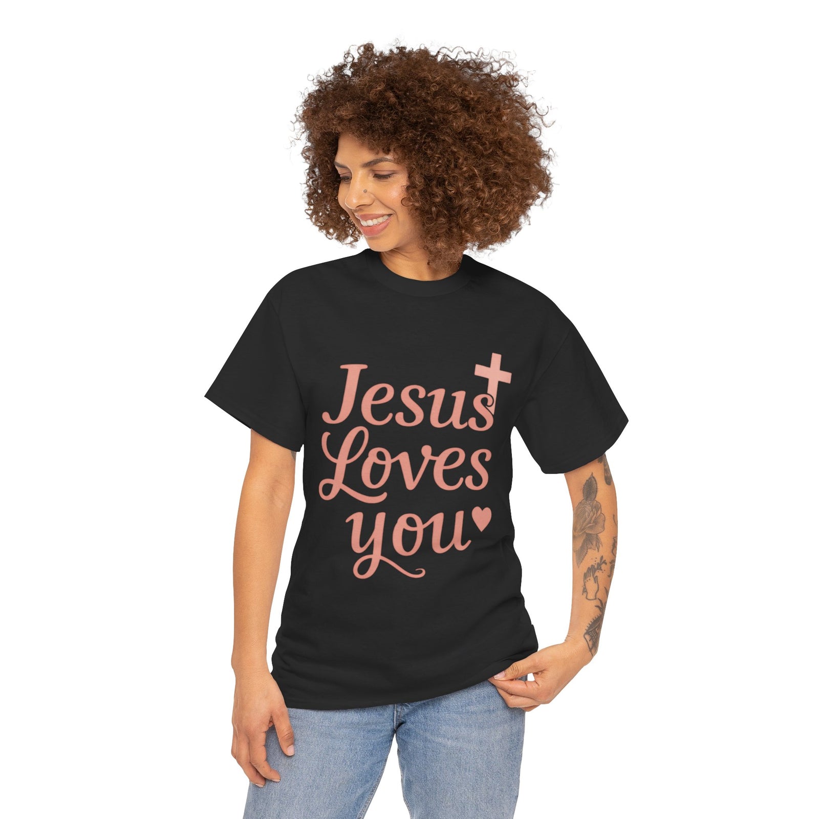 Jesus Loves You T-Shirt – Pink Script Faith Tee with Cross
