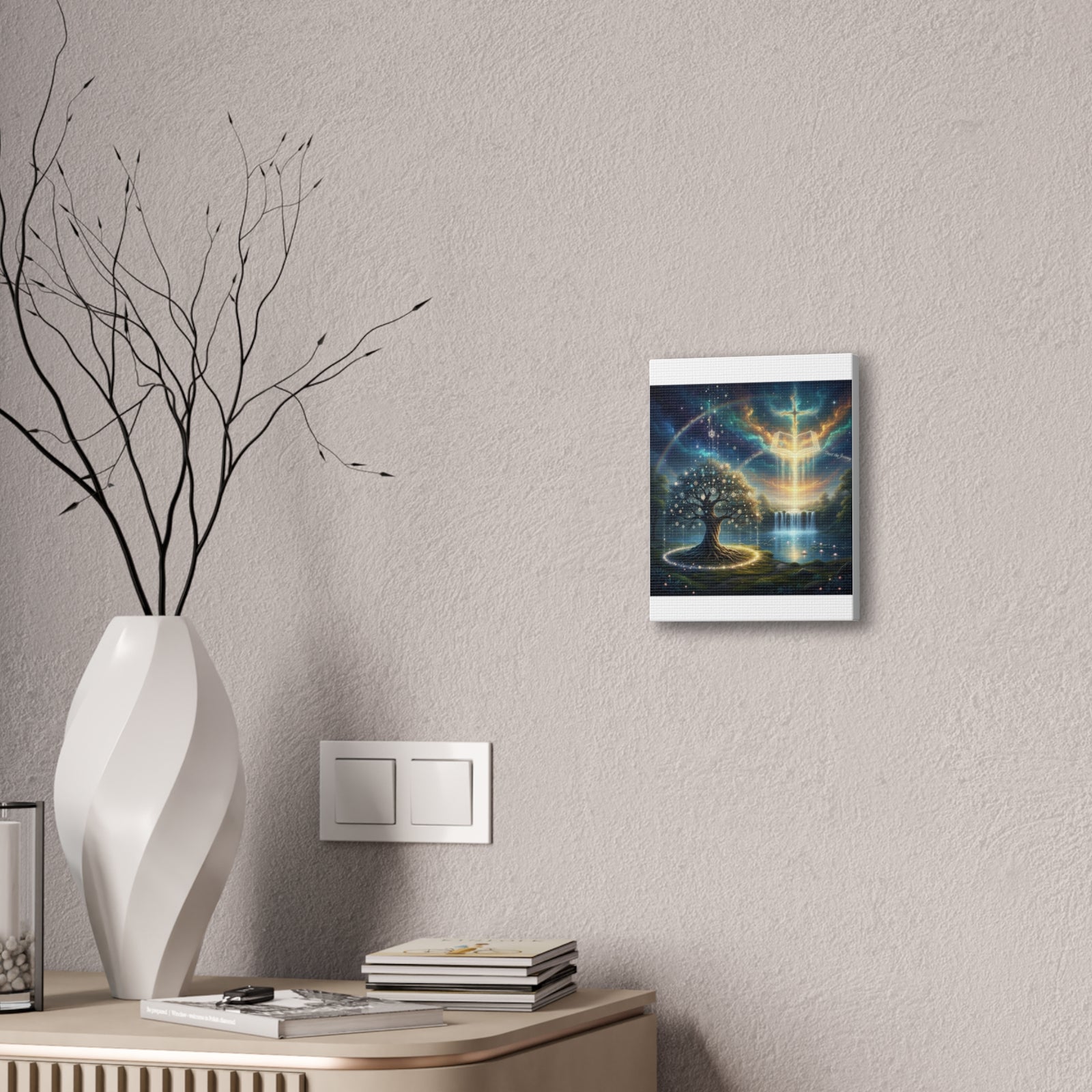 Spiritual Tree of Life Canvas Art — Mystical Cross & Waterfall Stretched Canvas - Home Decor