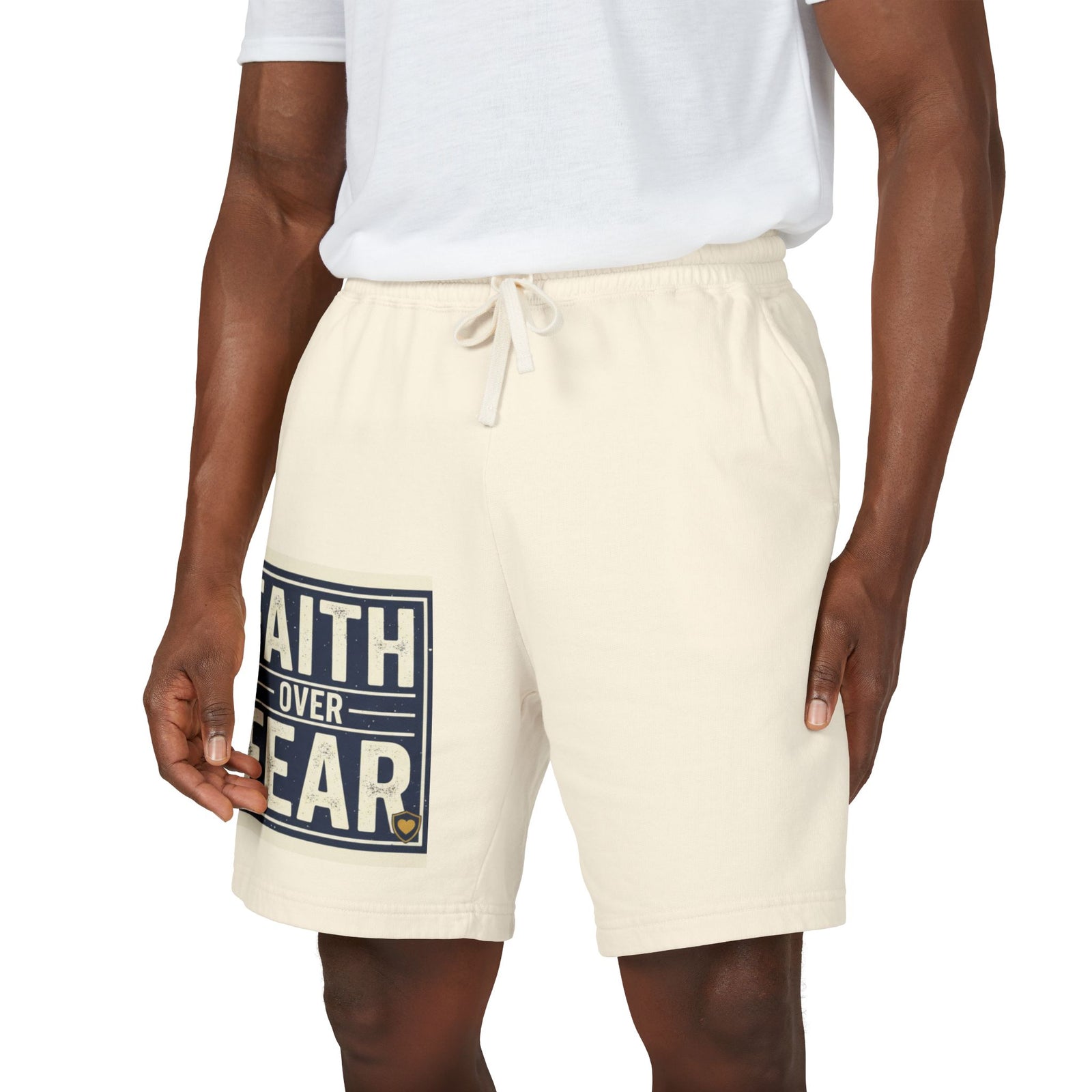 Men’s Faith Over Fear Fleece Shorts – Christian Graphic Lounge Shorts, Casual Spring Summer Athleisure