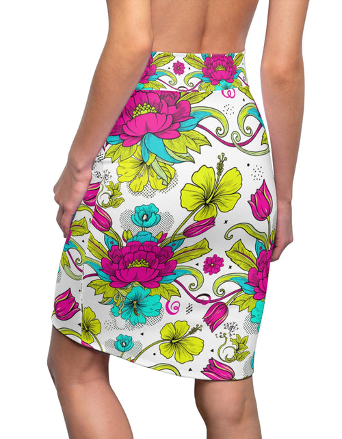 Load image into Gallery viewer, Floral Pencil Skirt – Bright Pink &amp; Teal Garden Print Midi Skirt, Colorful Boho Chic Summer Outfit, Office to Party Wear
