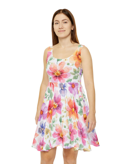 Load image into Gallery viewer, Floral Watercolor Skater Dress, Women’s Spring Summer Sundress, Pastel Flower Dress, Garden Party Outfit, Casual Boho Dress, Easter Dress Women

