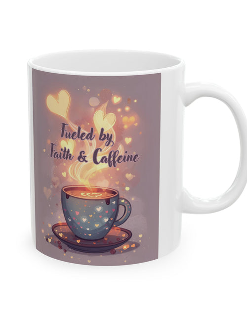 Load image into Gallery viewer, Faith And Coffee Fuels Me Ceramic Mug — Inspirational Heart Fairy Coffee Lovers Cup 11 oz &amp; 15 oz
