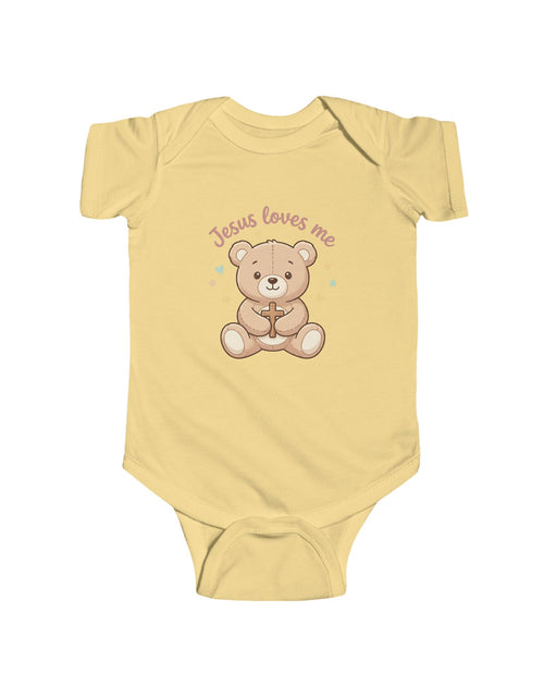 Load image into Gallery viewer, Jesus Loves Me Bear Infant Bodysuit | Christian Baby Onesie | Cute Faith-Based Baby Outfit | Newborn Gift, Baptism &amp; Baby Shower
