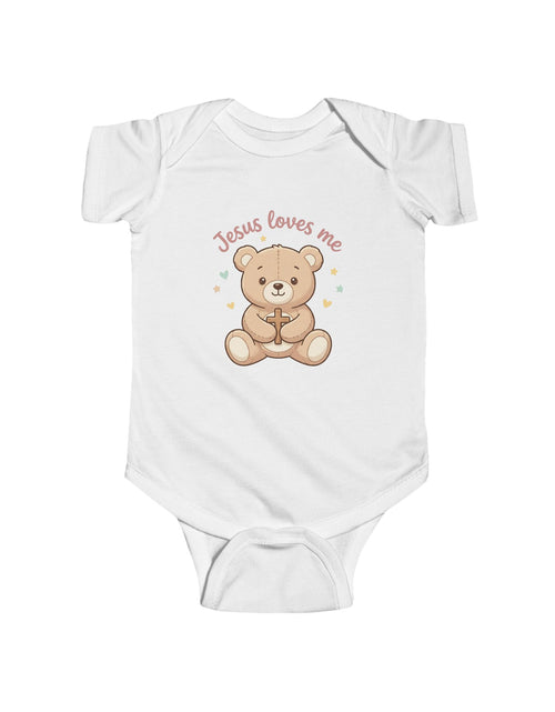 Load image into Gallery viewer, Jesus Loves Me Bear Infant Bodysuit | Christian Baby Onesie | Cute Faith-Based Baby Outfit | Newborn Gift, Baptism &amp; Baby Shower
