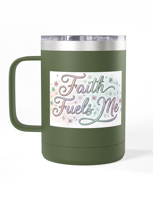 Load image into Gallery viewer, 15oz Insulated Coffee Tumbler Mug — "Faith Fuels Me" Pastel Star Design
