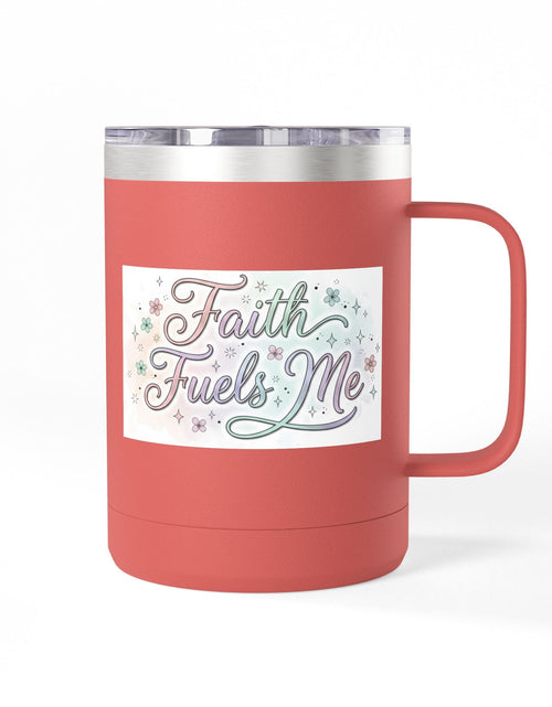 Load image into Gallery viewer, 15oz Insulated Coffee Tumbler Mug — "Faith Fuels Me" Pastel Star Design
