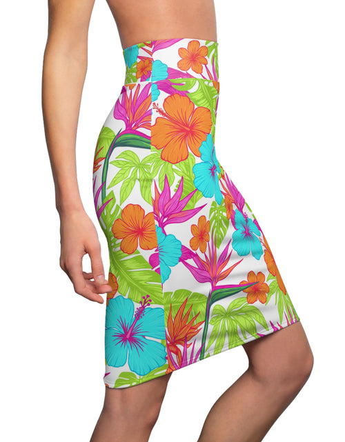 Load image into Gallery viewer, Tropical Hibiscus Pencil Skirt for Women | Bright Floral Summer Skirt | Vacation Beach Outfit | Colorful Mid-Waist Skirt
