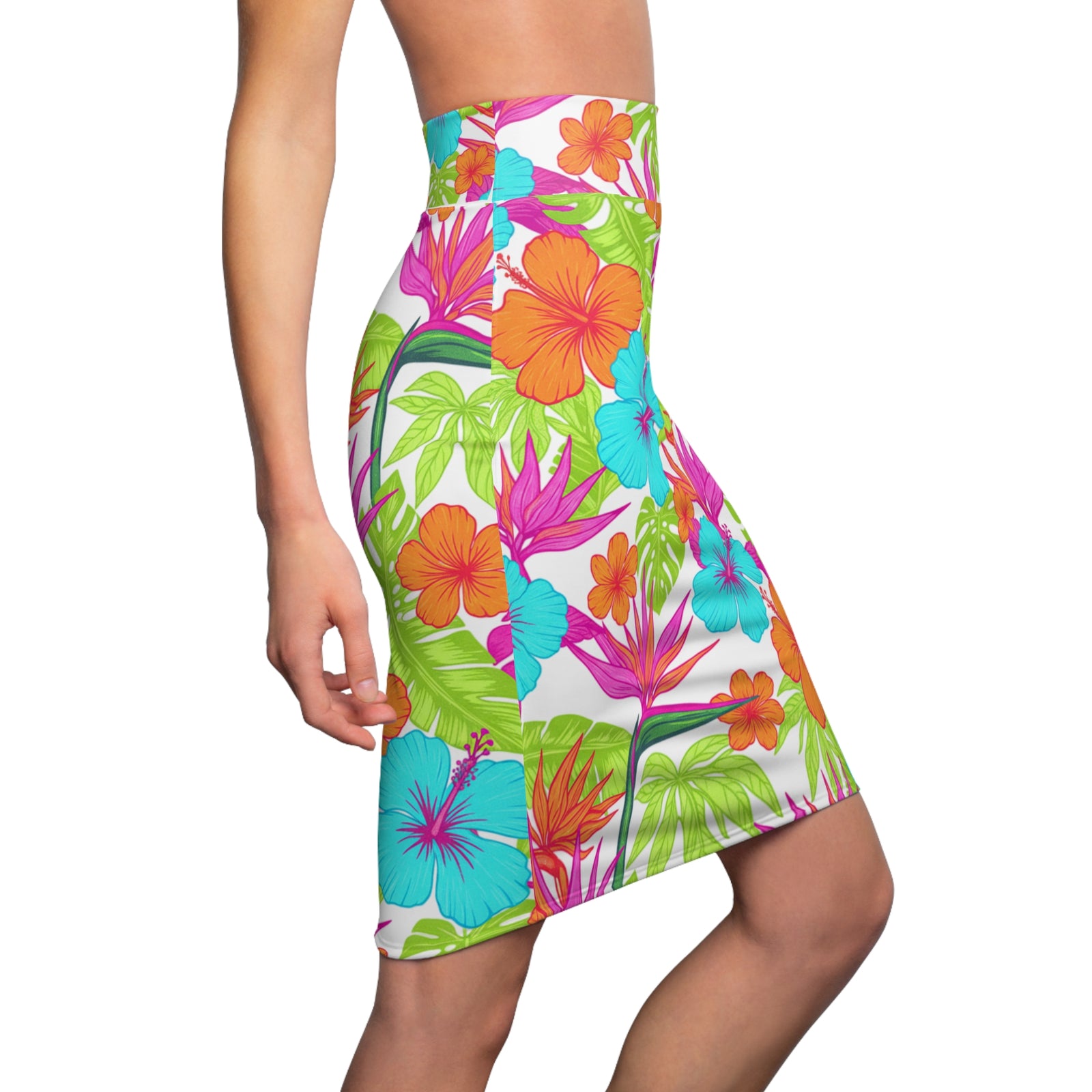 Tropical Hibiscus Pencil Skirt for Women | Bright Floral Summer Skirt | Vacation Beach Outfit | Colorful Mid-Waist Skirt