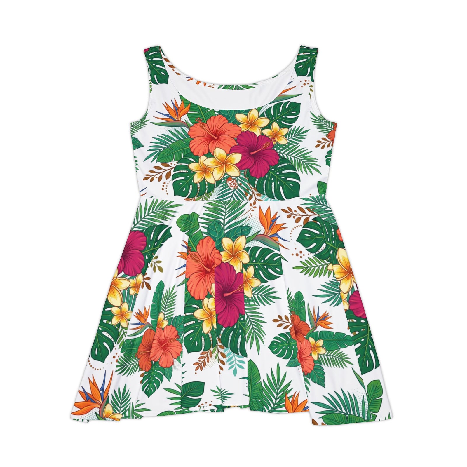 Tropical Floral Skater Dress, Women’s Summer Vacation Sundress, Hawaiian Beach Dress, Island Resort Outfit, Hawaii Style, Bright Hibiscus Floral Dress