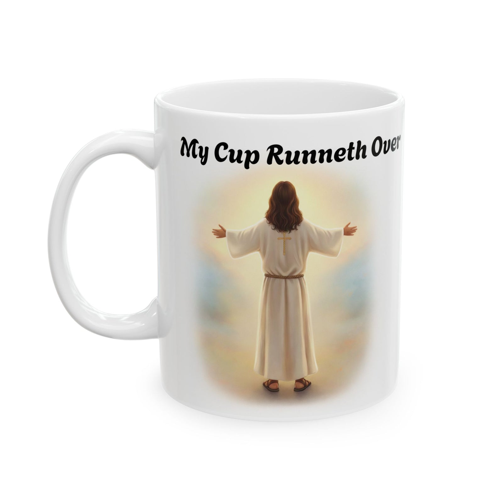 With Him My Cup Runneth Over – Jesus Coffee Mug | Christian Coffee Lover Gift | Faith & Humor Mug 11 oz & 15 oz