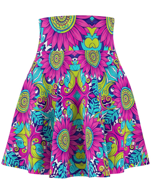 Load image into Gallery viewer, Psychedelic Floral Skater Skirt for Women | Bright Colorful Festival Skirt | Boho Summer Outfit | Vibrant High Waist Skirt
