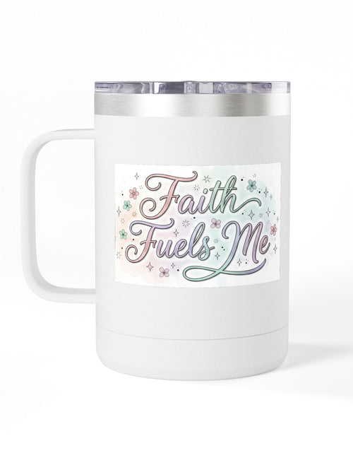 Load image into Gallery viewer, 15oz Insulated Coffee Tumbler Mug — "Faith Fuels Me" Pastel Star Design
