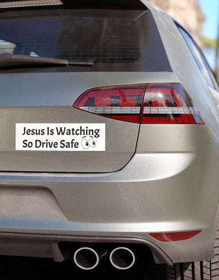 Funny Christian Car Magnet – “Jesus Is Watching So Drive Safe” – Cute Cartoon Eyes Bumper Sticker
