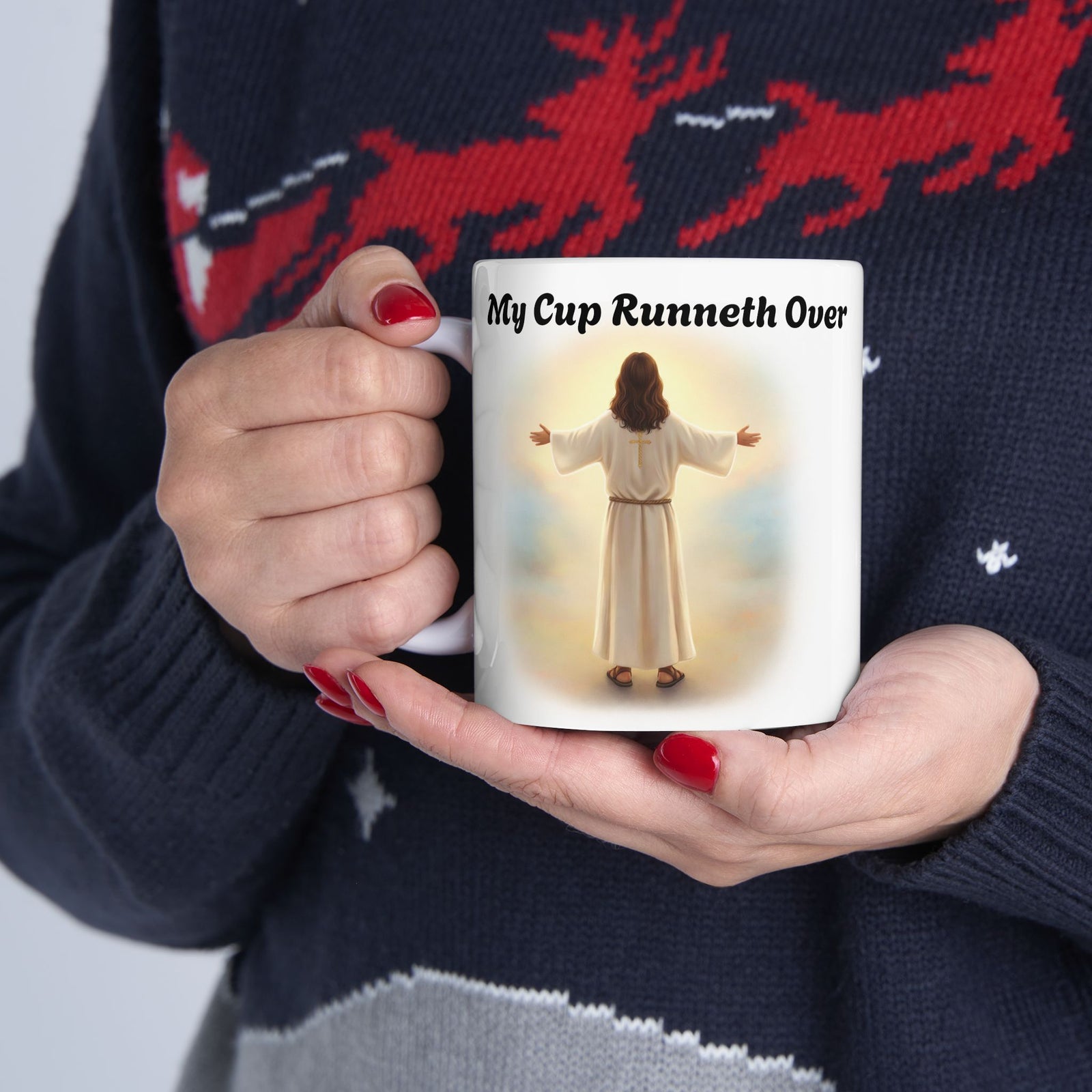 With Him My Cup Runneth Over – Jesus Coffee Mug | Christian Coffee Lover Gift | Faith & Humor Mug 11 oz & 15 oz