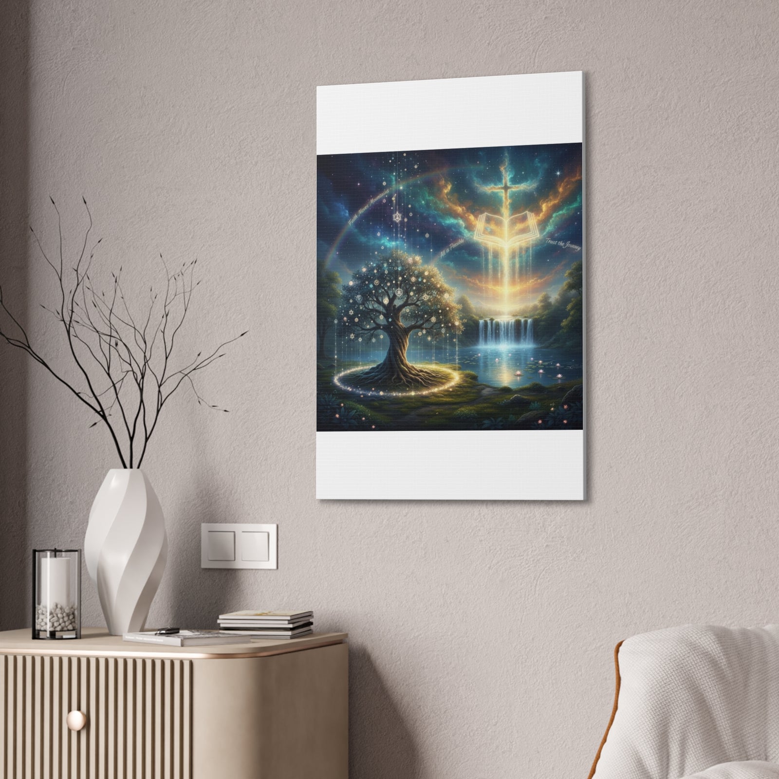 Spiritual Tree of Life Canvas Art — Mystical Cross & Waterfall Stretched Canvas - Home Decor