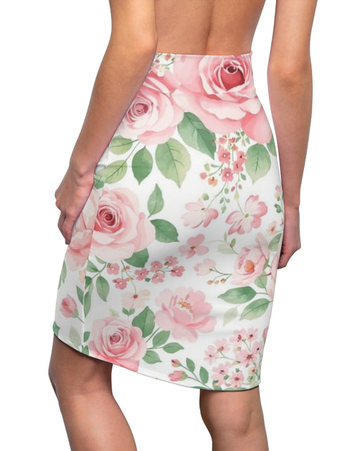 Load image into Gallery viewer, Pink Rose Floral Pencil Skirt for Women | Romantic Garden Skirt | Soft Watercolor Spring Outfit | Feminine Mid-Waist Skirt

