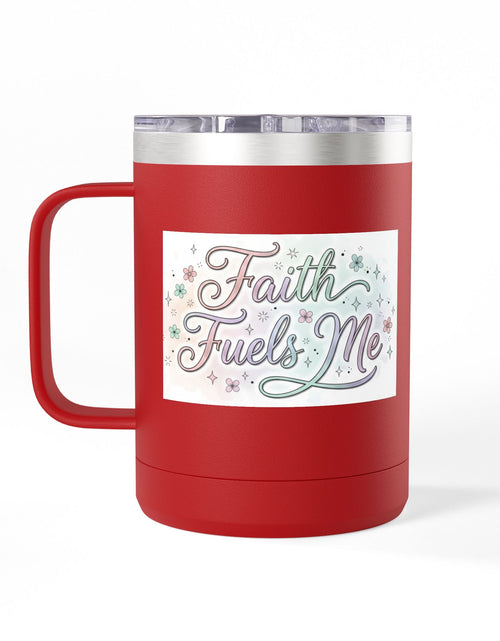 Load image into Gallery viewer, 15oz Insulated Coffee Tumbler Mug — "Faith Fuels Me" Pastel Star Design
